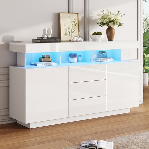 Moderni kiiltävä valkoinen senkki LED-valaistuksella – 140×35×80 cm, akryyliyksityiskohdat, täydellinen ruokasaliin, keittiöön tai eteiseen