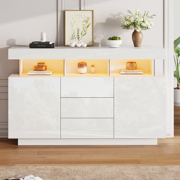 Moderni kiiltävä valkoinen senkki LED-valaistuksella – 140×35×80 cm, akryyliyksityiskohdat, täydellinen ruokasaliin, keittiöön tai eteiseen