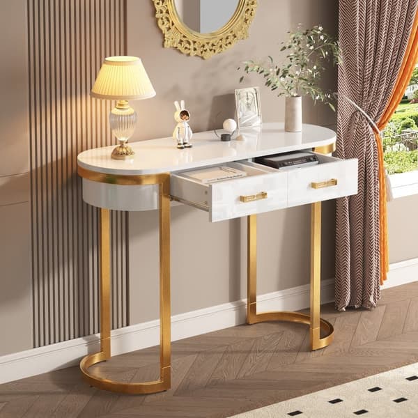 Konsolbord i hvid højglans 100×40×76 cm – moderne sidebord med 2 skuffer, perfekt til stue, soveværelse, entré eller kontor
