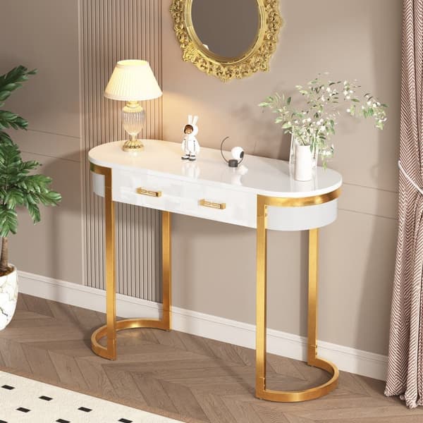 Konsolbord i hvid højglans 100×40×76 cm – moderne sidebord med 2 skuffer, perfekt til stue, soveværelse, entré eller kontor