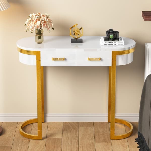 Konsolbord i hvid højglans 100×40×76 cm – moderne sidebord med 2 skuffer, perfekt til stue, soveværelse, entré eller kontor