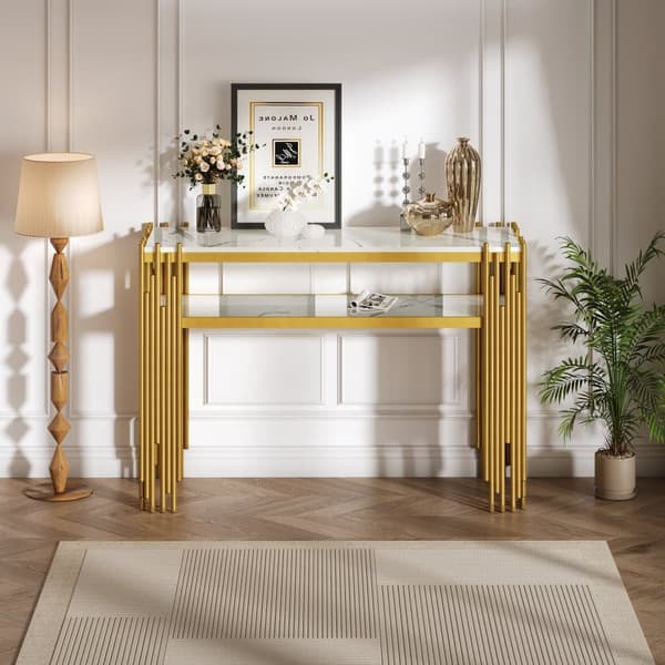 Konsolbord i mid-century modern stil 128×44×80 cm – vit MDF med gyllene ben, dubbellager, sidobord för vardagsrum