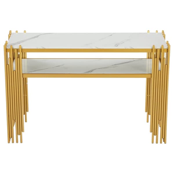 Konsolbord i mid-century modern stil 128×44×80 cm – vit MDF med gyllene ben, dubbellager, sidobord för vardagsrum