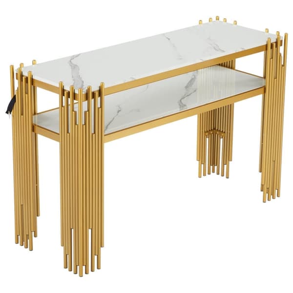Konsolbord i mid-century modern stil 128×44×80 cm – vit MDF med gyllene ben, dubbellager, sidobord för vardagsrum