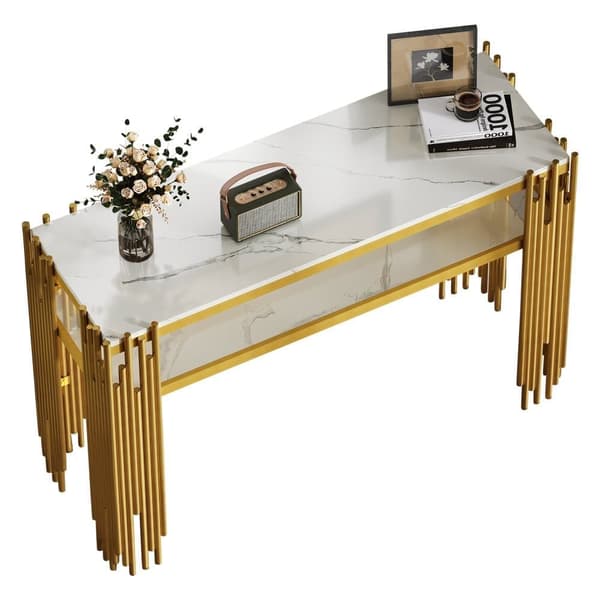 Konsolbord i mid-century modern stil 128×44×80 cm – vit MDF med gyllene ben, dubbellager, sidobord för vardagsrum