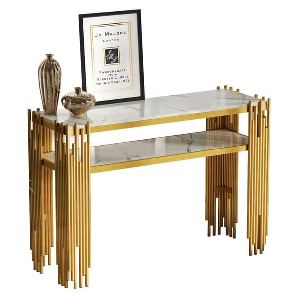 Konsolbord i mid-century modern stil 128×44×80 cm – vit MDF med gyllene ben, dubbellager, sidobord för vardagsrum