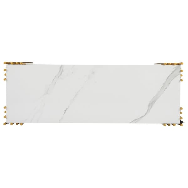 Konsolbord i mid-century modern stil 128×44×80 cm – vit MDF med gyllene ben, dubbellager, sidobord för vardagsrum