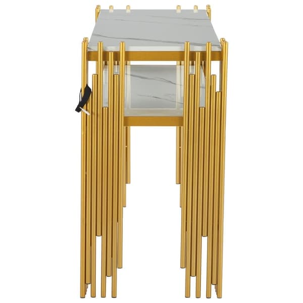 Konsolbord i mid-century modern stil 128×44×80 cm – vit MDF med gyllene ben, dubbellager, sidobord för vardagsrum
