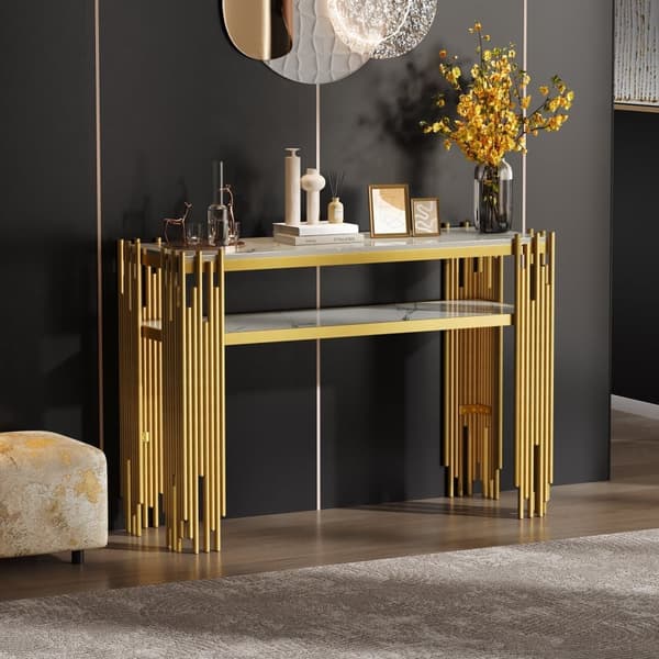 Konsolbord i mid-century modern stil 128×44×80 cm – vit MDF med gyllene ben, dubbellager, sidobord för vardagsrum