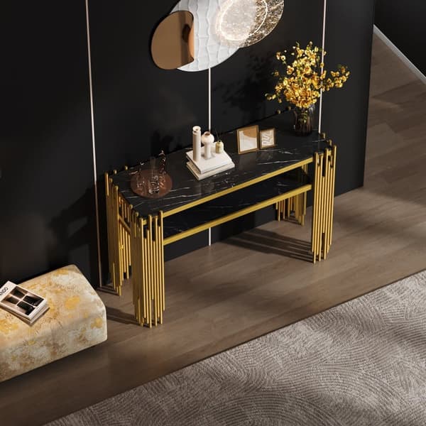 Konsolbord i sort højglans med guldfarvede ben – 128×44×80 cm, dobbeltlags moderne sidebord fra midten af århundredet til stuen