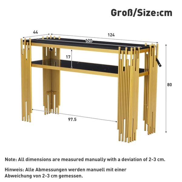 Konsolbord i sort højglans med guldfarvede ben – 128×44×80 cm, dobbeltlags moderne sidebord fra midten af århundredet til stuen