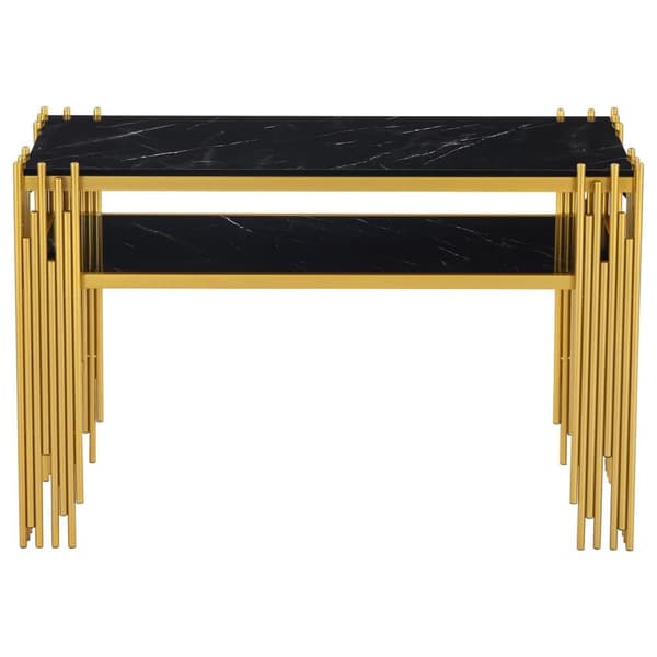 Konsolbord i sort højglans med guldfarvede ben – 128×44×80 cm, dobbeltlags moderne sidebord fra midten af århundredet til stuen