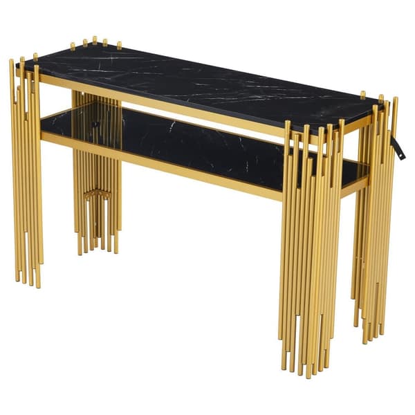 Konsolbord i sort højglans med guldfarvede ben – 128×44×80 cm, dobbeltlags moderne sidebord fra midten af århundredet til stuen