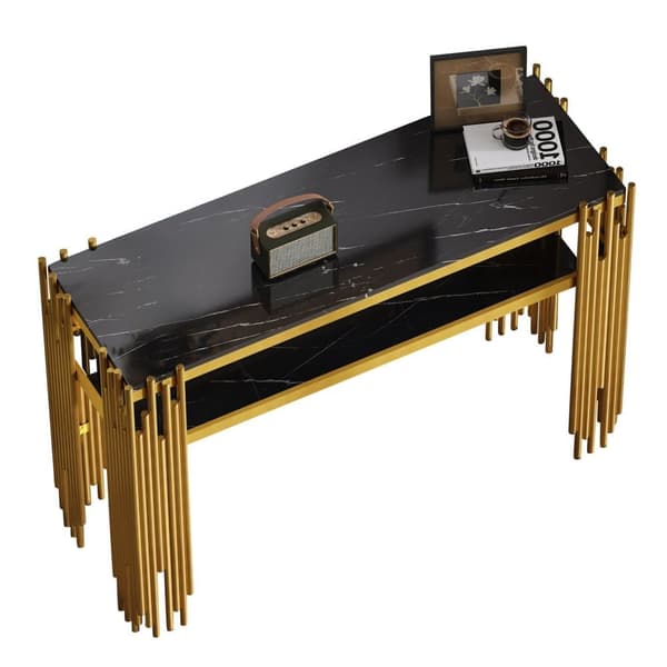 Konsolbord i sort højglans med guldfarvede ben – 128×44×80 cm, dobbeltlags moderne sidebord fra midten af århundredet til stuen