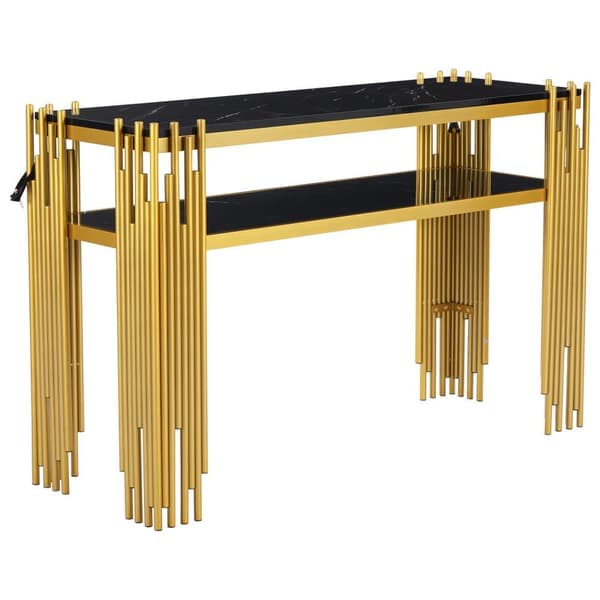 Konsolbord i sort højglans med guldfarvede ben – 128×44×80 cm, dobbeltlags moderne sidebord fra midten af århundredet til stuen