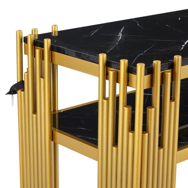 Konsolbord i sort højglans med guldfarvede ben – 128×44×80 cm, dobbeltlags moderne sidebord fra midten af århundredet til stuen