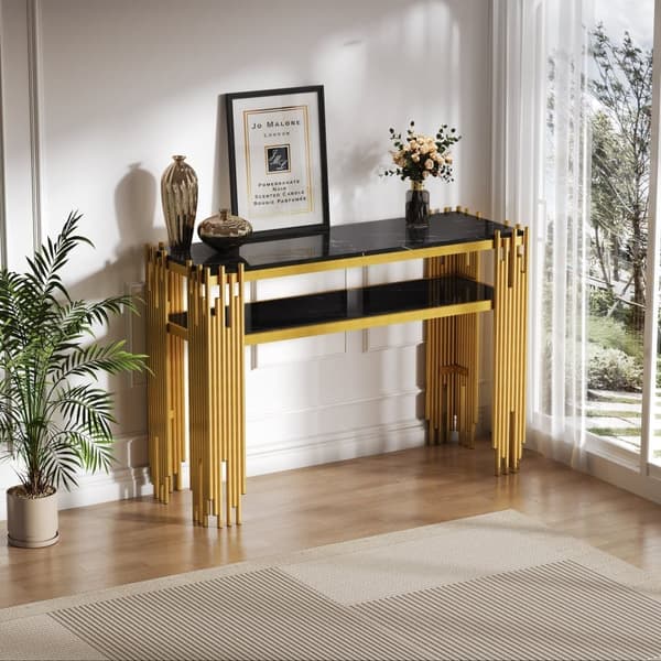 Konsolbord i sort højglans med guldfarvede ben – 128×44×80 cm, dobbeltlags moderne sidebord fra midten af århundredet til stuen