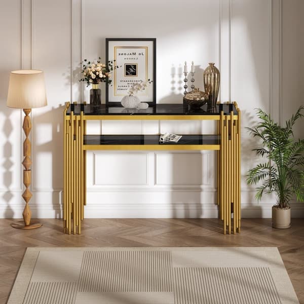 Konsolbord i sort højglans med guldfarvede ben – 128×44×80 cm, dobbeltlags moderne sidebord fra midten af århundredet til stuen
