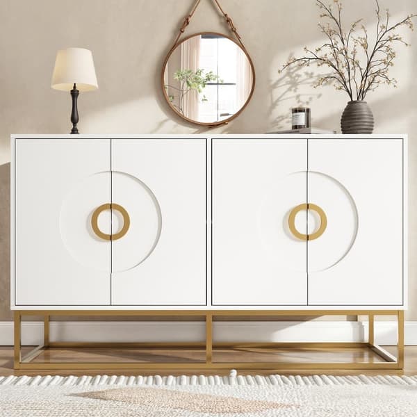 Hvid spisestue skænk, spisestue opbevaringsskab, unikt design, skabsdør design, minimalistisk skænk, ring skabsdør