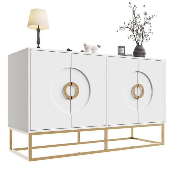 Hvid spisestue skænk, spisestue opbevaringsskab, unikt design, skabsdør design, minimalistisk skænk, ring skabsdør