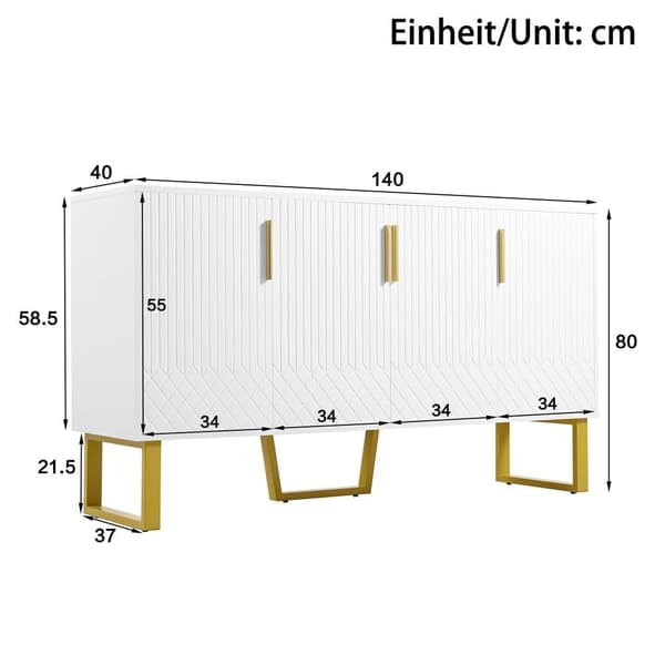 Sideboard i högblank vit finish – 140x40x80 cm med 4 dörrar, metallben och geometrisk design