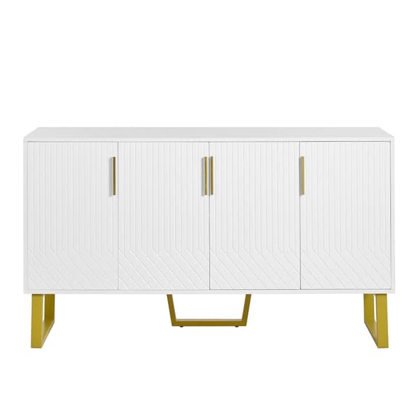 Sideboard i högblank vit finish – 140x40x80 cm med 4 dörrar, metallben och geometrisk design