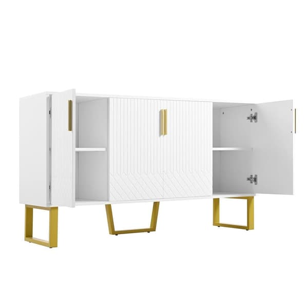 Sideboard i högblank vit finish – 140x40x80 cm med 4 dörrar, metallben och geometrisk design