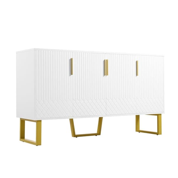Sideboard i högblank vit finish – 140x40x80 cm med 4 dörrar, metallben och geometrisk design