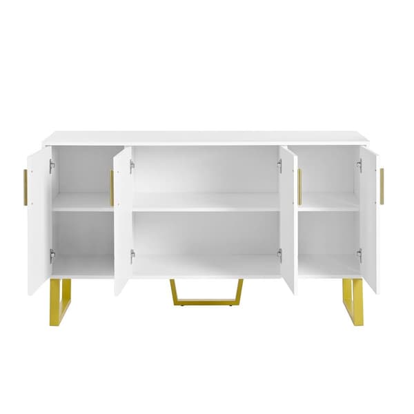 Sideboard i högblank vit finish – 140x40x80 cm med 4 dörrar, metallben och geometrisk design