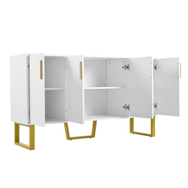 Sideboard i högblank vit finish – 140x40x80 cm med 4 dörrar, metallben och geometrisk design