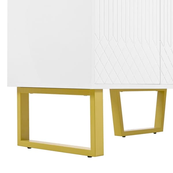 Sideboard i högblank vit finish – 140x40x80 cm med 4 dörrar, metallben och geometrisk design
