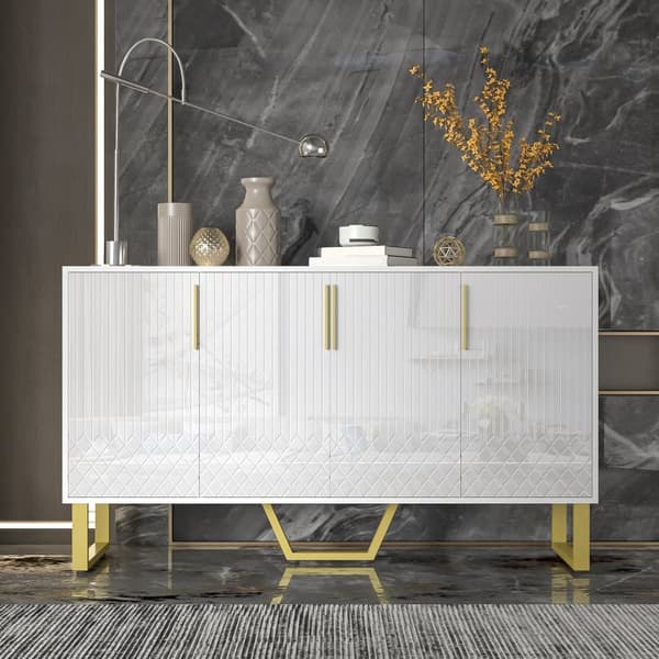 Sideboard i högblank vit finish – 140x40x80 cm med 4 dörrar, metallben och geometrisk design