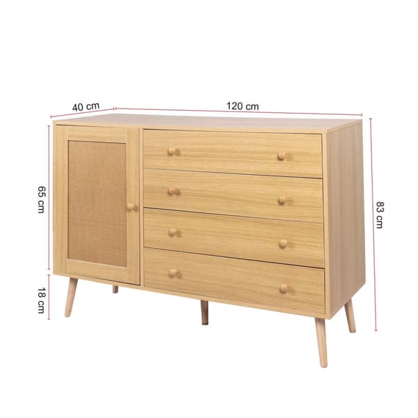 Puinen senkki 120 cm – 4 laatikolla ja 1 ovella, moderni säilytyskaappi
