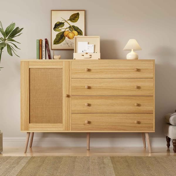 Puinen senkki 120 cm – 4 laatikolla ja 1 ovella, moderni säilytyskaappi