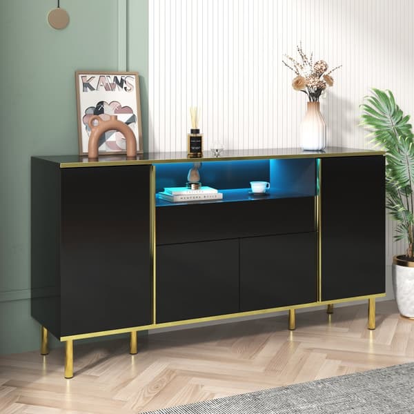 Kiiltävä musta senkki – 150 x 40 x 80 cm, 1 laatikko, moderni allaskaappi makuuhuoneeseen