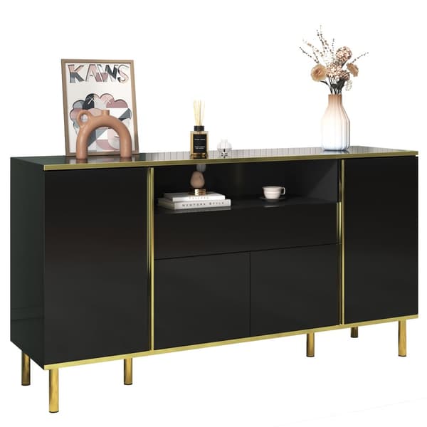 Kiiltävä musta senkki – 150 x 40 x 80 cm, 1 laatikko, moderni allaskaappi makuuhuoneeseen