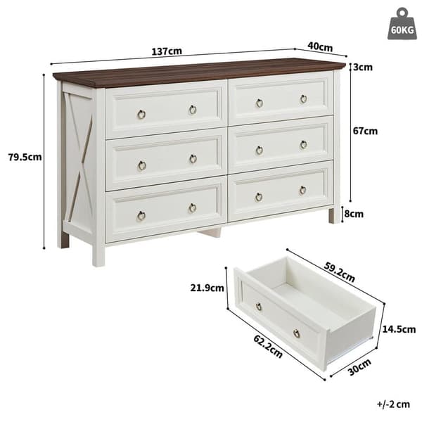 Valkoinen senkki, vintage-tyylinen ruokakaappi alumiinisilla laatikonkahvoilla, pähkinäpuutyötaso, 6 tilavaa laatikkoa