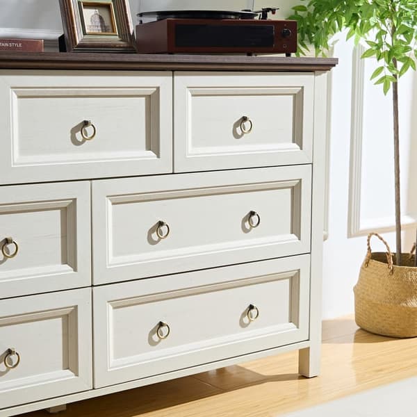 Valkoinen senkki, Vintage-tyylinen koelauta, alumiiniset laatikonkahvat, pähkinäpuukannet, 7 tilavaa laatikkoa ruokailutilaan
