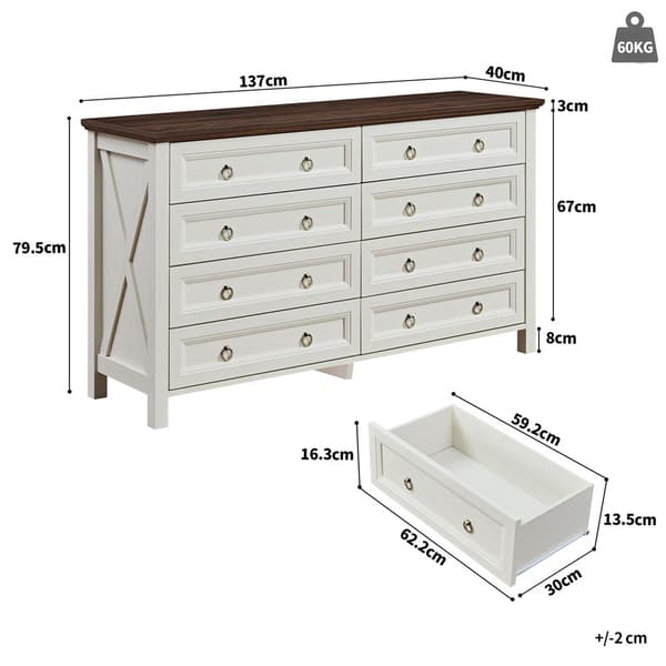 Valkoinen senkki, Vintage-tyylinen trybal, alumiininen laatikon kahva, pähkinäpuutasot, makuuhuone, olohuone, 8 tilavaa laatikkoa