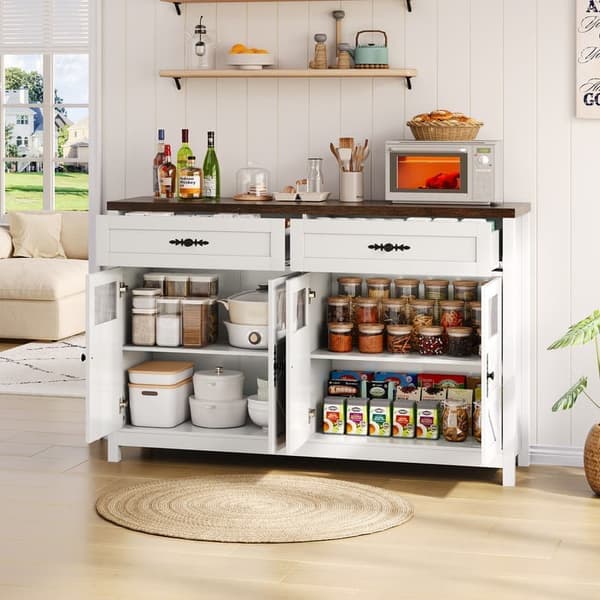 Valkoinen minimalistinen buffet-senkki säilytystilalla, buffetkaappi 4 ovella ja 2 isolla laatikolla, moderni ruokailupöytäkahvila