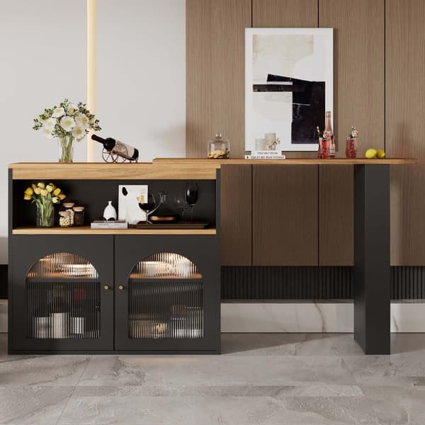 Buffet, barskab, drejelig og udtrækkelig med LED – stor opbevaringsplads – moderne stil – sort