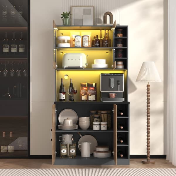 Monikäyttöinen buffet-senkki, buffet LED-tunnelmavalaistuksella ja kaapelirei'illä, puiset keittiöjalat, vapaasti seisova