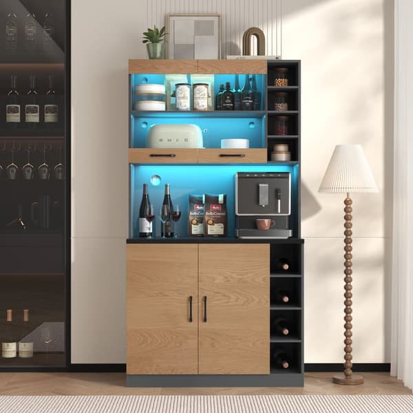 Monikäyttöinen buffet-senkki, buffet LED-tunnelmavalaistuksella ja kaapelirei'illä, puiset keittiöjalat, vapaasti seisova
