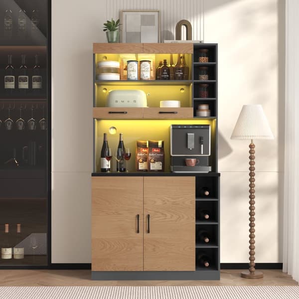 Monikäyttöinen buffet-senkki, buffet LED-tunnelmavalaistuksella ja kaapelirei'illä, puiset keittiöjalat, vapaasti seisova