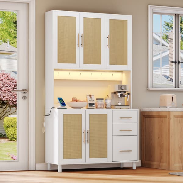 183 cm ruokasalin senkki, buffet, LED-koristevalaisimet, 2 USB, 2 pistoketta, säädettävät hyllyt, 3 laatikkoa, kultaiset metallikahvat