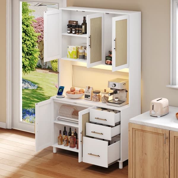 183 cm ruokasalin senkki, buffet, LED-koristevalaisimet, 2 USB, 2 pistoketta, säädettävät hyllyt, 3 laatikkoa, kultaiset metallikahvat