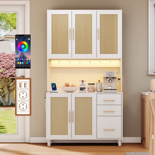 183 cm ruokasalin senkki, buffet, LED-koristevalaisimet, 2 USB, 2 pistoketta, säädettävät hyllyt, 3 laatikkoa, kultaiset metallikahvat