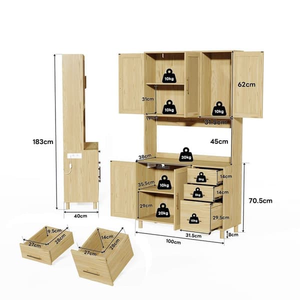 183 cm luonnonvärinen buffetkaappi, LED-koristevalaisimet, 2 USB, 2 pistoketta, säädettävät hyllyt, 3 laatikkoa, kultaiset metallikahvat