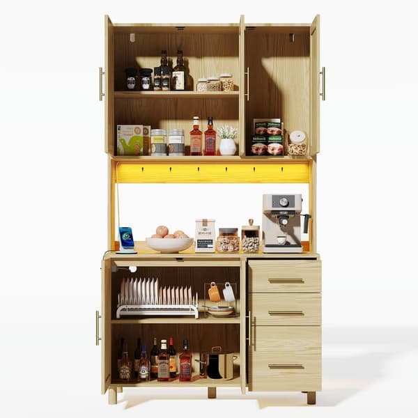 183 cm luonnonvärinen buffetkaappi, LED-koristevalaisimet, 2 USB, 2 pistoketta, säädettävät hyllyt, 3 laatikkoa, kultaiset metallikahvat