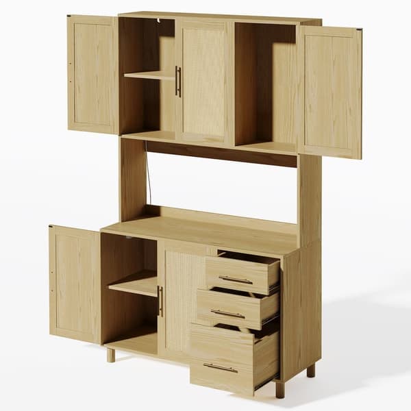 183 cm luonnonvärinen buffetkaappi, LED-koristevalaisimet, 2 USB, 2 pistoketta, säädettävät hyllyt, 3 laatikkoa, kultaiset metallikahvat